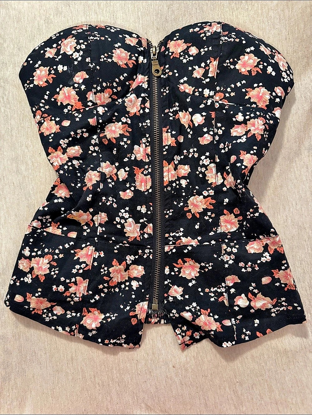 Full Tilt Zip Front Floral Corset Top Black & Pink XS